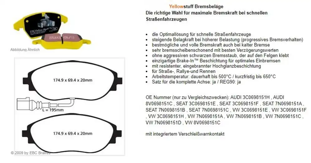EBC-Bremsbeläge, Yellowstuff, Achssatz, VA, Audi, Seat, Skoda, VW Aktuell